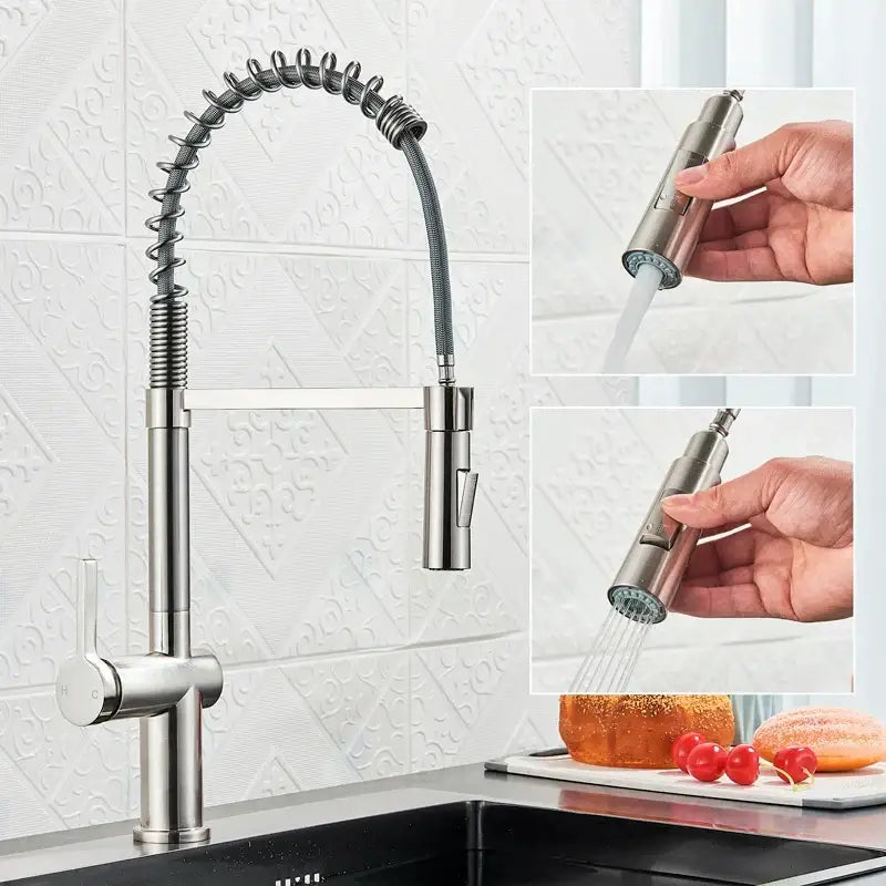 Decorbites black kitchen faucet stainless steel pull-down with flexible coiled hose dual mode sprayer 360 rotation hot cold mixer