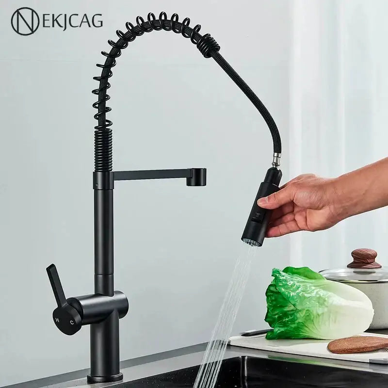 DecorBites black kitchen faucet with matte finish, coiled flexible hose, dual mode sprayer, and 360 rotation mixer