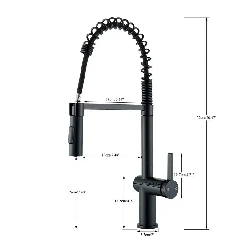 Decorbites black kitchen faucet with matte finish flexible coiled gooseneck spout and pull-down dual mode sprayer