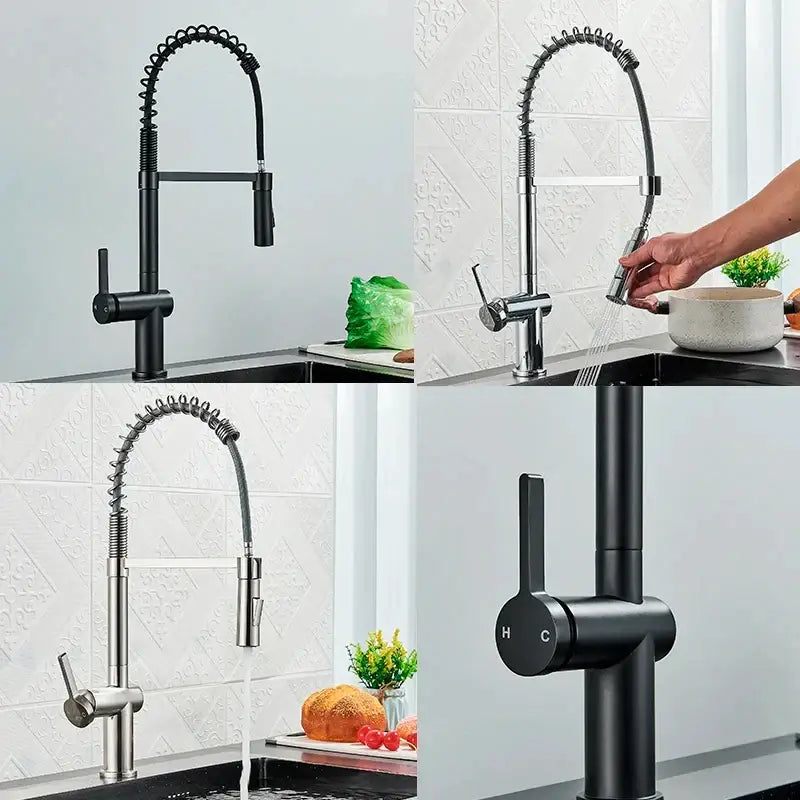 DecorBites black kitchen faucet with chrome coiled spout, pull-down dual mode sprayer, 360 rotation, hot and cold mixer
