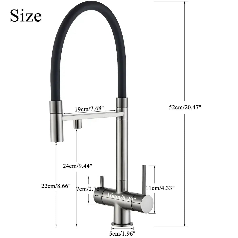 Decorbites black kitchen faucet featuring stainless steel construction with sleek black flexible hose and pull down sprayer
