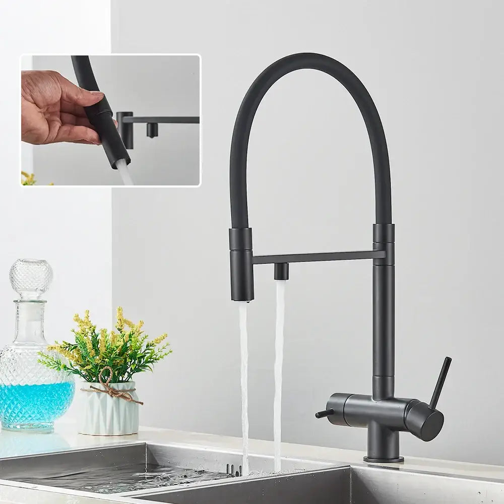Black kitchen faucet with pull down sprayer and flexible gooseneck spout by DecorBites black kitchen series