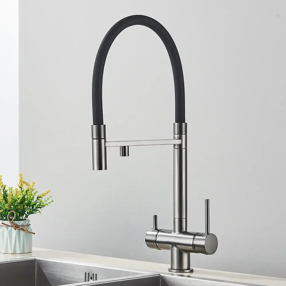 DecorBites black kitchen faucet with brushed stainless steel, flexible black hose, dual handles, and pull down sprayer