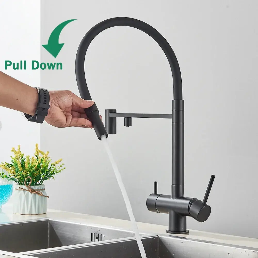 Decorbites black kitchen faucet with matte finish pull-down sprayer dual handles and 2-in-1 purification technology