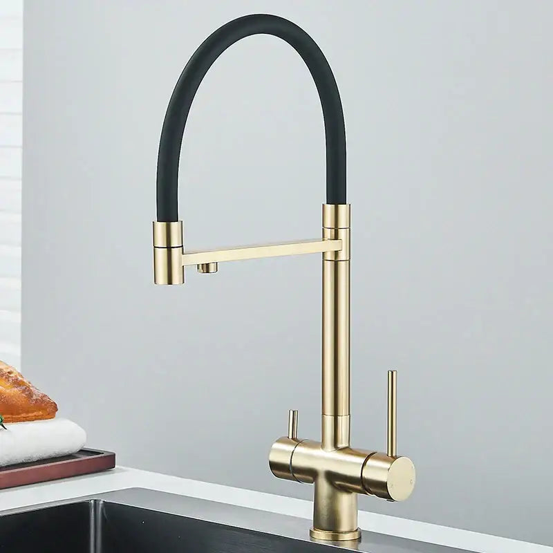 Modern decorbites black kitchen faucet with gold-toned body, sleek black flexible hose, two vertical handles, and pull down sprayer