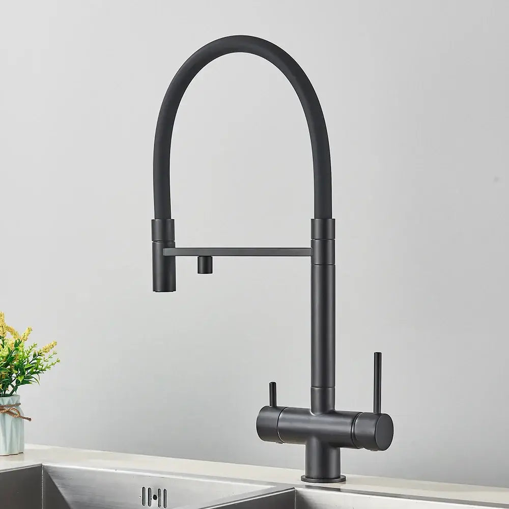 DecorBites black kitchen faucet with matte finish curved gooseneck spout dual handles and pull down sprayer with purification technology