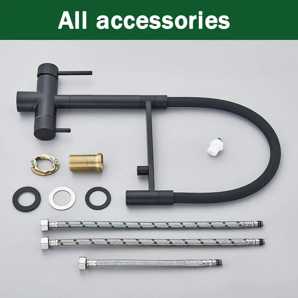 Decorbites black kitchen faucet with pull down sprayer dual handles and installation accessories including braided hoses