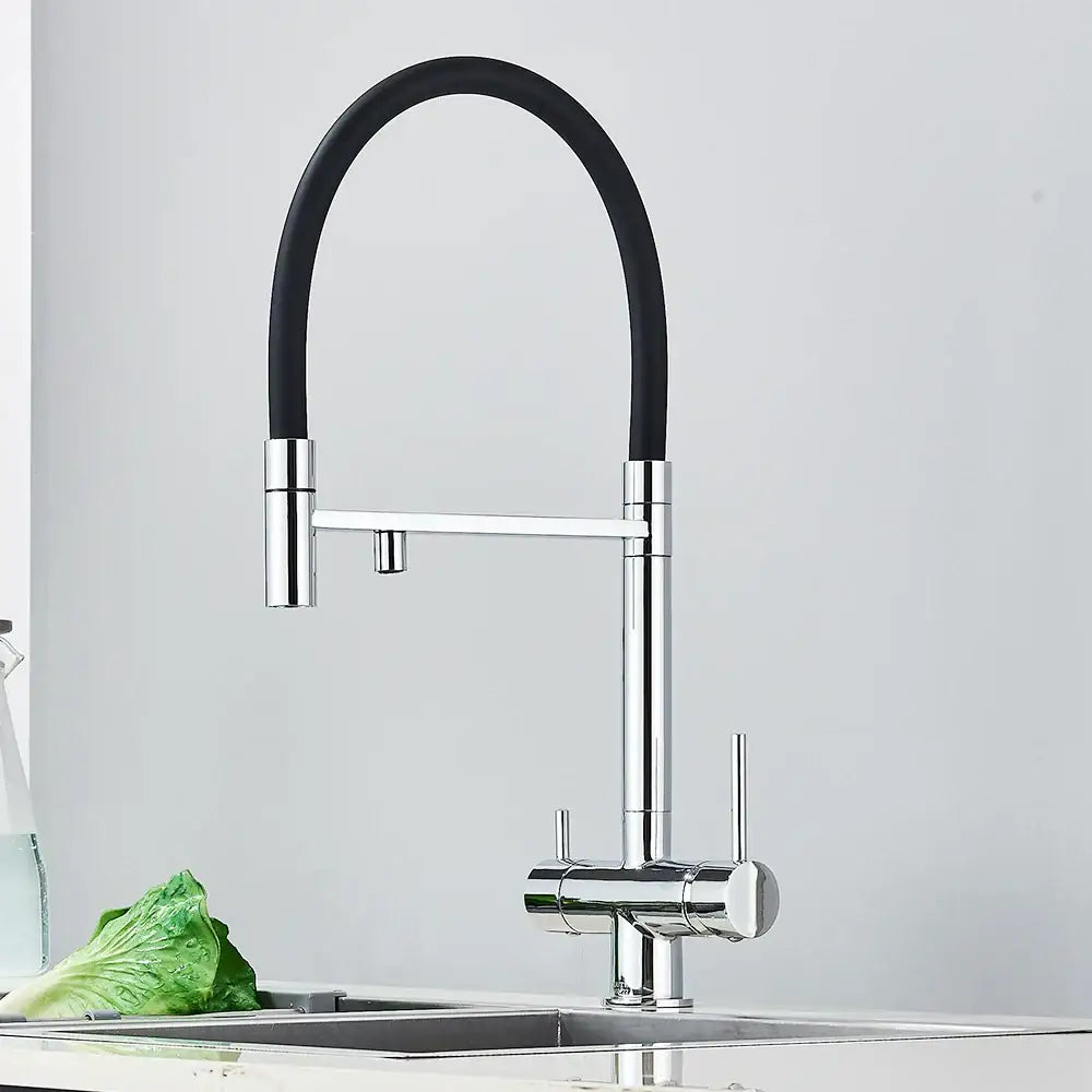 Decorbites black kitchen faucet with chrome finish flexible black hose dual handles and pull down sprayer with purification technology