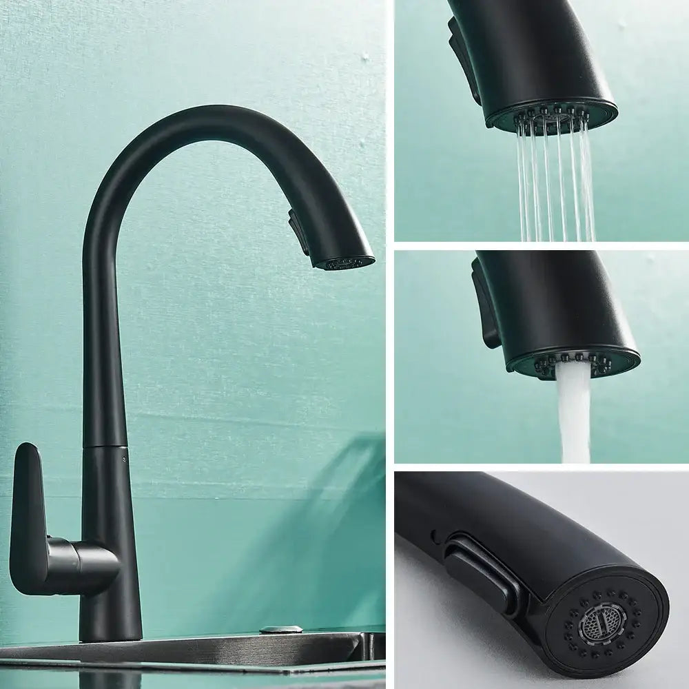 Decorbites black kitchen faucet with pull out sprayer single lever control and sleek curved black matte finish spout