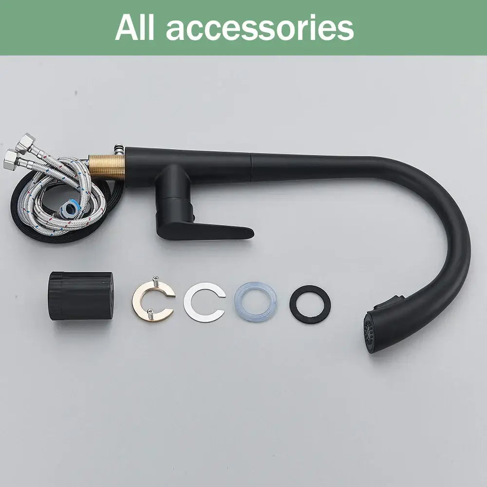 DecorBites black kitchen faucet with pull out sprayer, black matte finish, curved spout, and brass accent connections