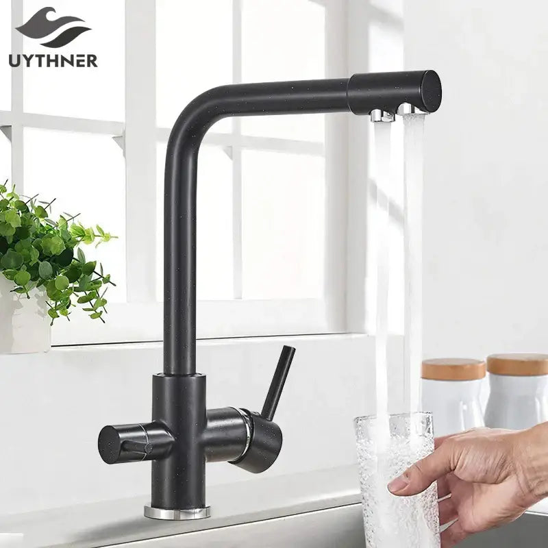 DecorBites black kitchen faucet with rotatable water purification feature in black matte finish and chrome accents
