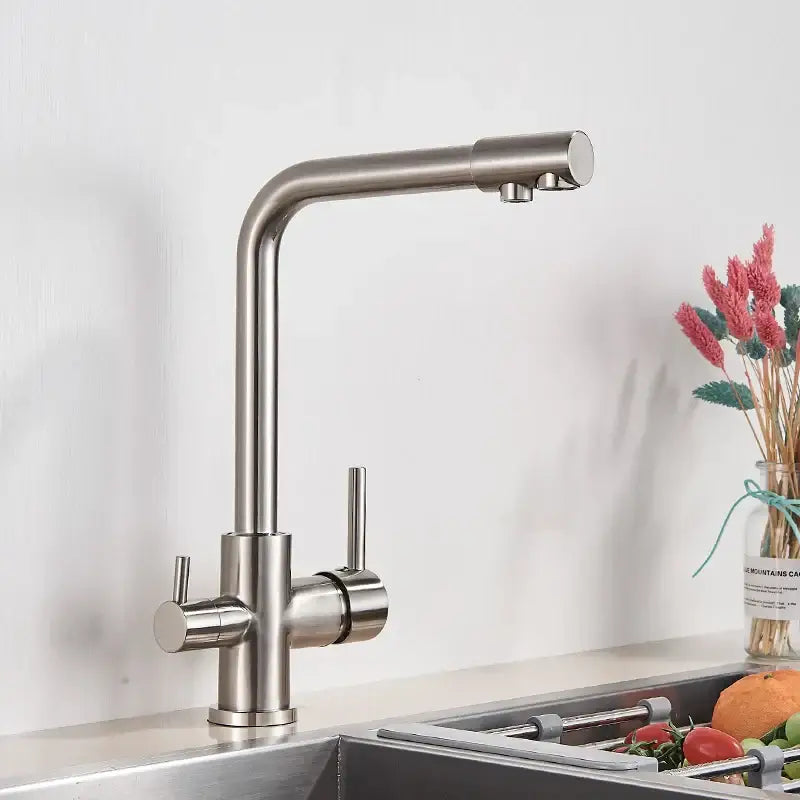 Modern brushed stainless steel decorbites black kitchen faucet with rotatable water purification and dual handles