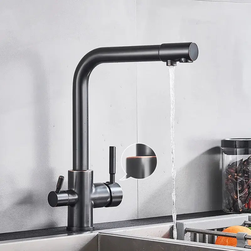 Decorbites black kitchen faucet with rotatable water purification feature in black matte finish and dual handles design