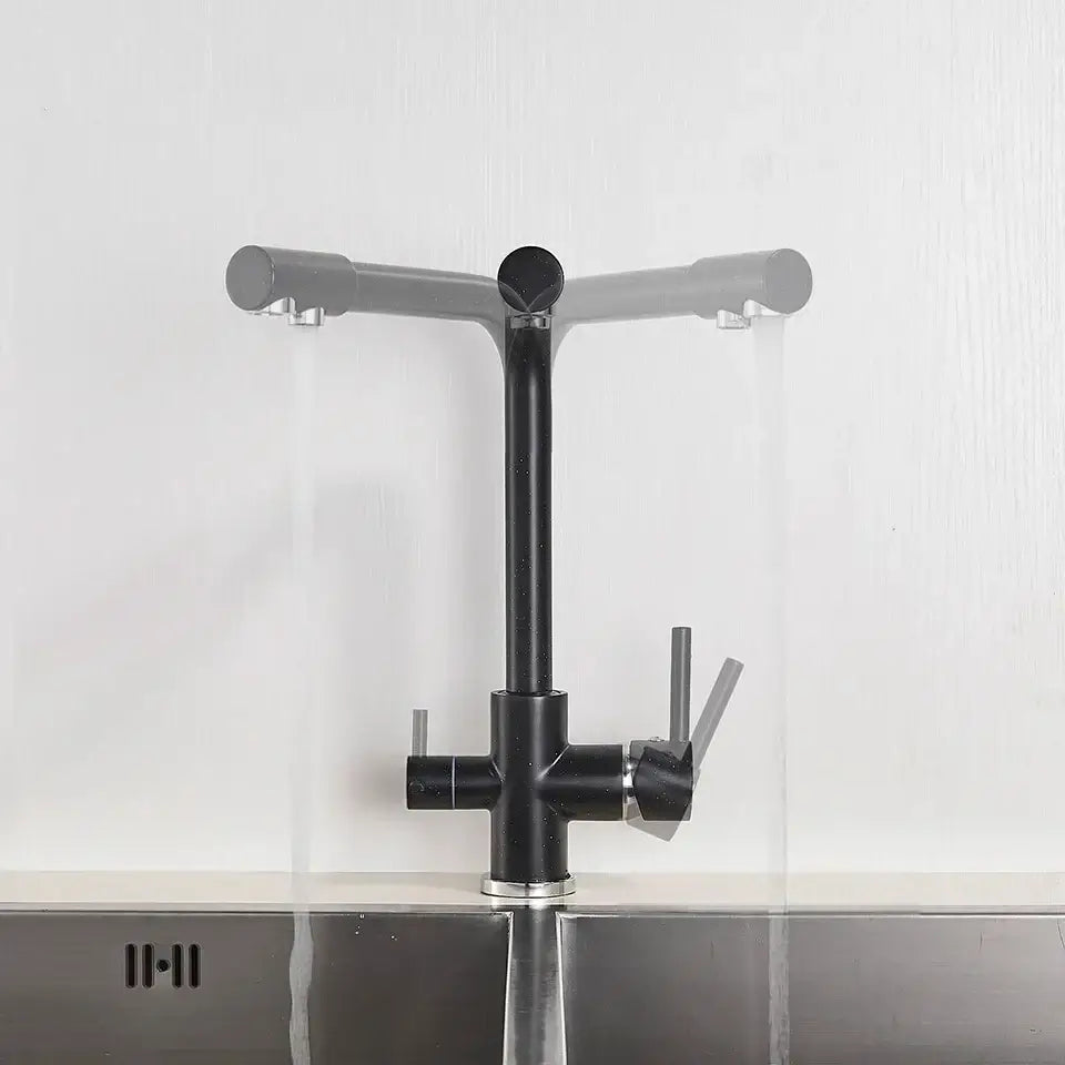 DecorBites black kitchen faucet with matte finish features a modern dual spout design and rotatable water purification