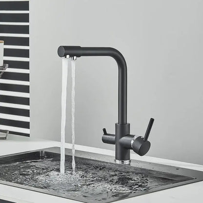 Decorbites black kitchen faucet with matte finish curved spout dual handles and rotatable water purification feature