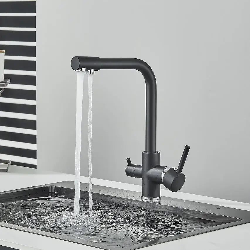 Decorbites black kitchen faucet with matte finish curved spout dual handles and rotatable water purification feature