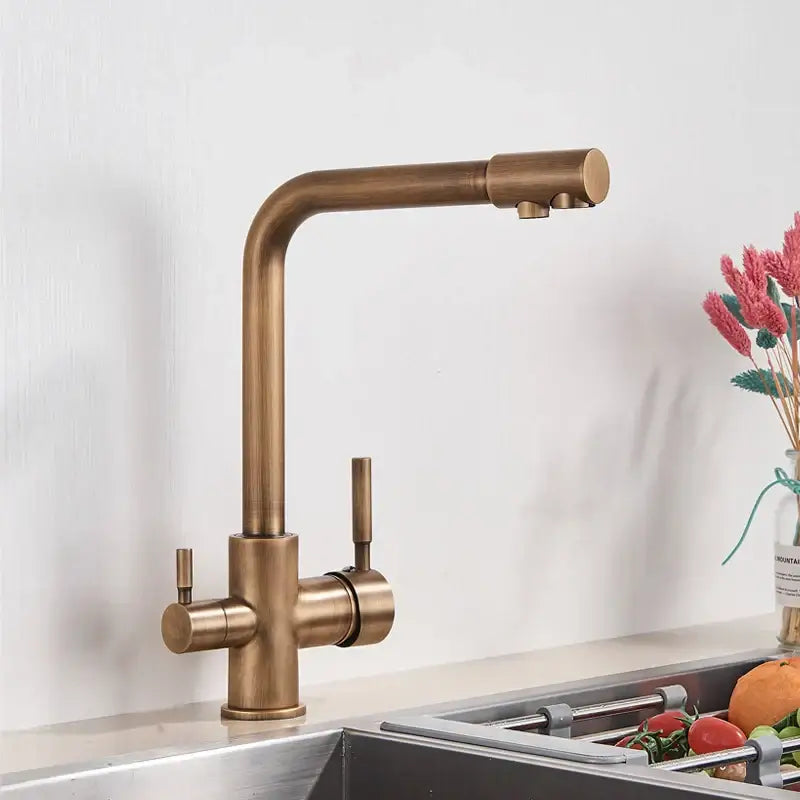 Decorbites black kitchen faucet with brass finish dual handles and rotatable water purification feature in modern design