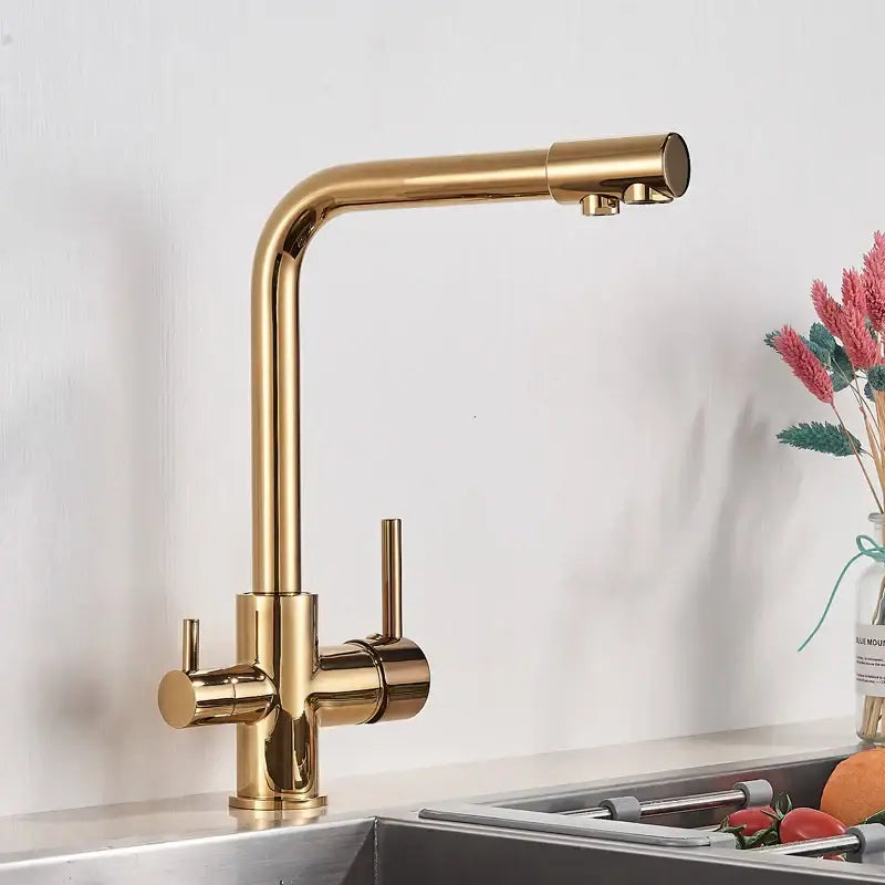 Gold modern kitchen faucet with curved spout and dual handles for decorbites black kitchen with rotatable water purification