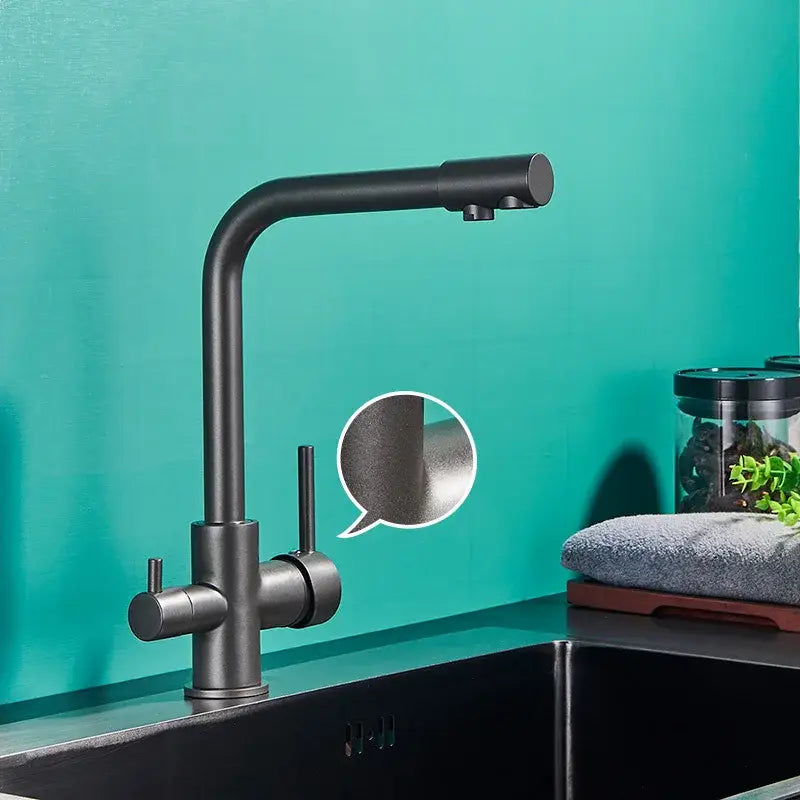 Modern matte black kitchen faucet decorbites black kitchen with sleek curved spout dual handles and rotatable water purification feature