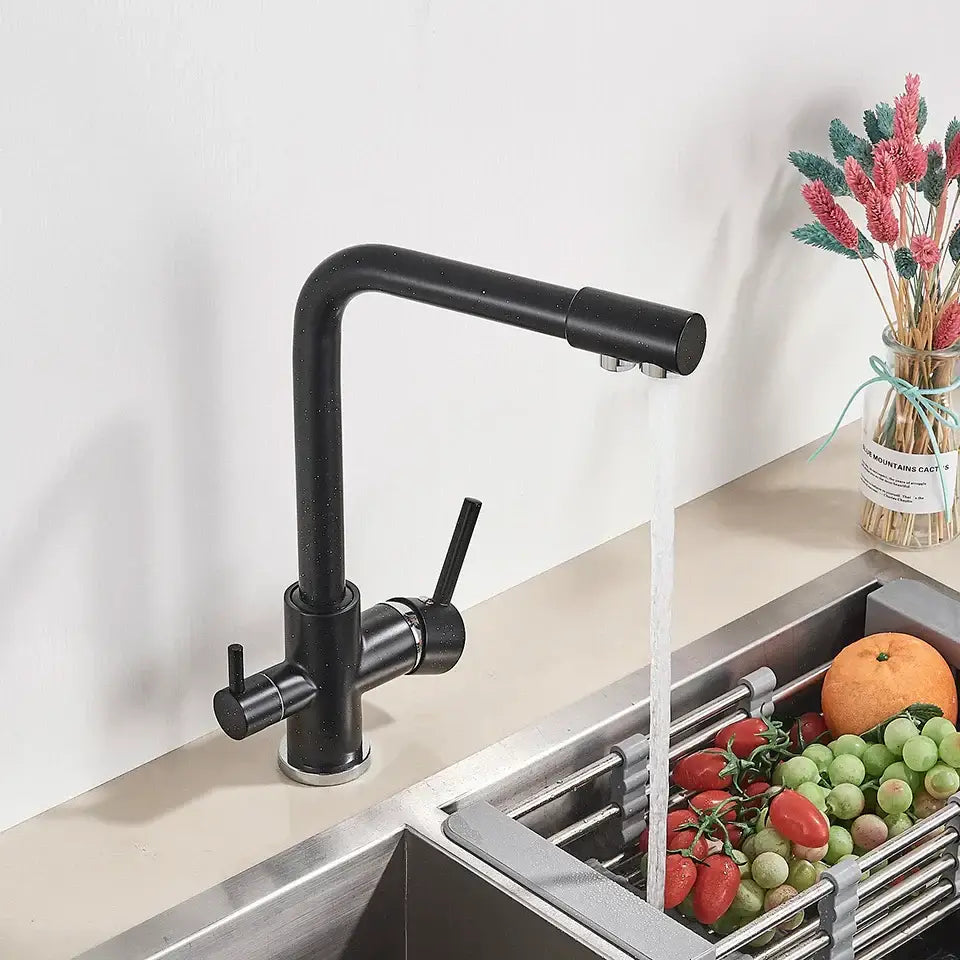 Decorbites black kitchen faucet with rotatable water purification feature and dual handles in black matte finish