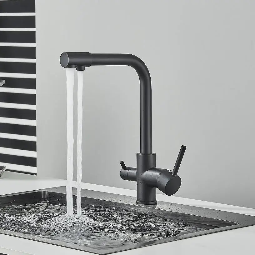Decorbites black kitchen faucet with matte finish dual handles curved spout and rotatable water purification feature