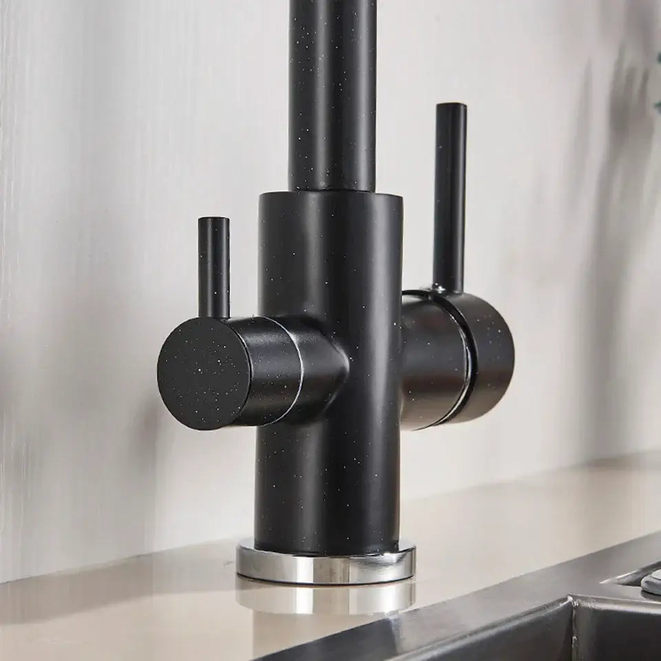 Decorbites black kitchen faucet with rotatable water purification feature and dual handles in brushed metal base