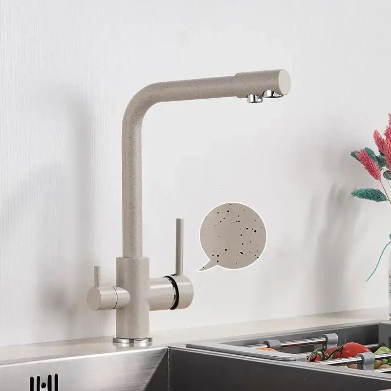 Modern beige speckled decorbites black kitchen faucet with sleek curved spout dual handles and rotatable water purification feature