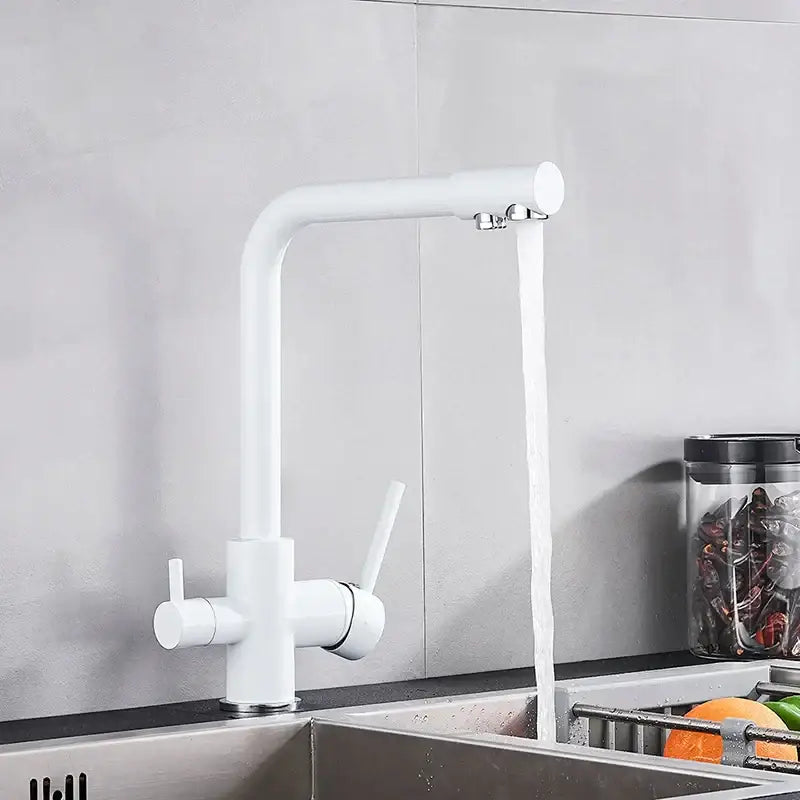 Modern white kitchen faucet with curved spout and dual handles complementing decorbites black kitchen faucet with rotatable water purification feature