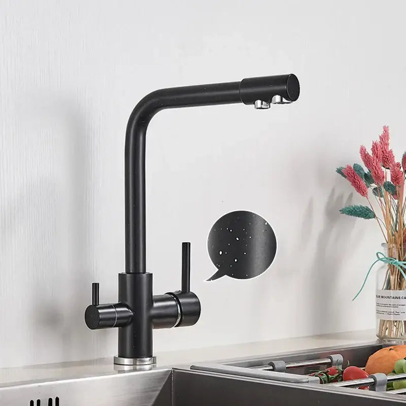 DecorBites black kitchen faucet with black matte finish, dual handles, and rotatable water purification feature