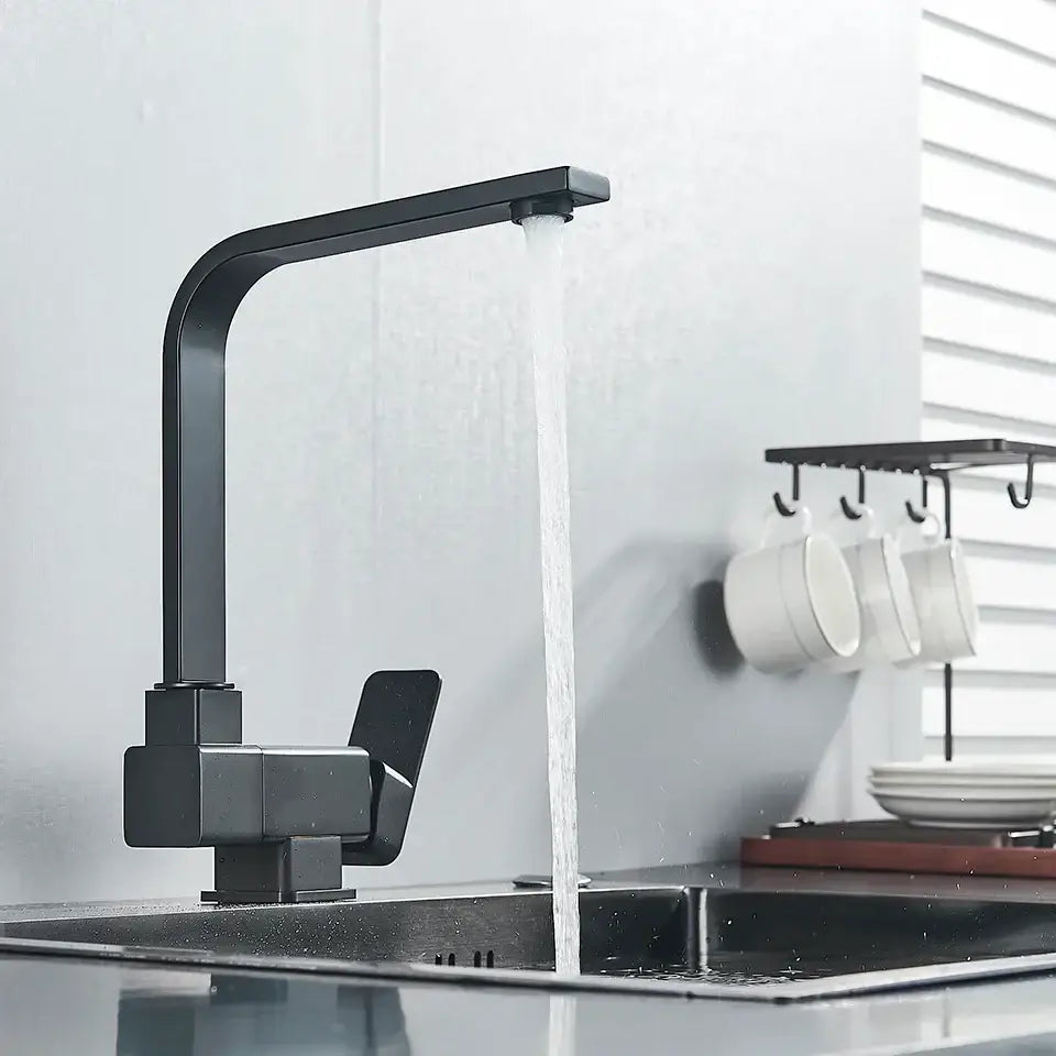 Decorbites black kitchen rotating faucet with matte finish, angular design, and foldable single handle mixer in black