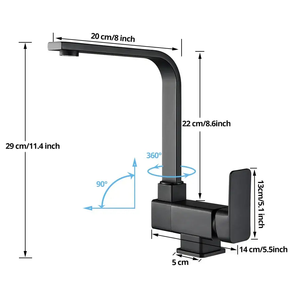 DecorBites black kitchen rotating faucet with black matte finish, modern angular design, and adjustable spout