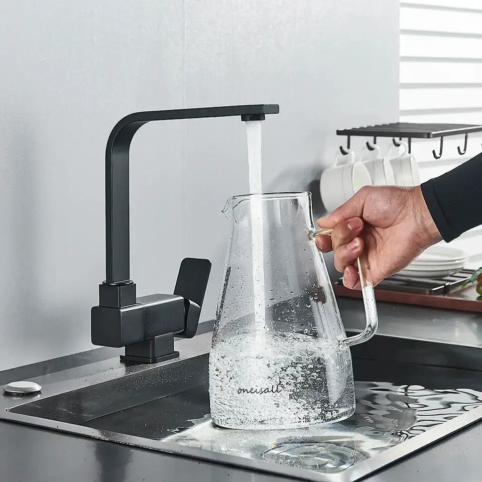 Decorbites black kitchen rotating faucet with foldable single handle and modern matte black finish design