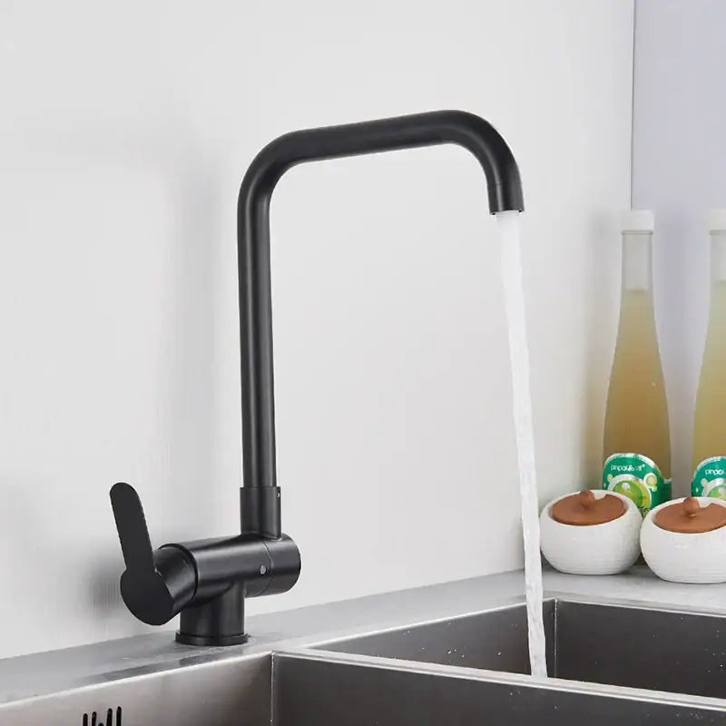 Decorbites black kitchen rotating faucet with black matte finish curved spout and foldable single handle mixer design