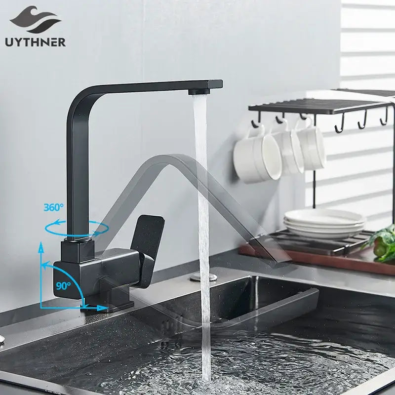 DecorBites black kitchen rotating faucet with black matte finish and 360-degree swivel for modern kitchens