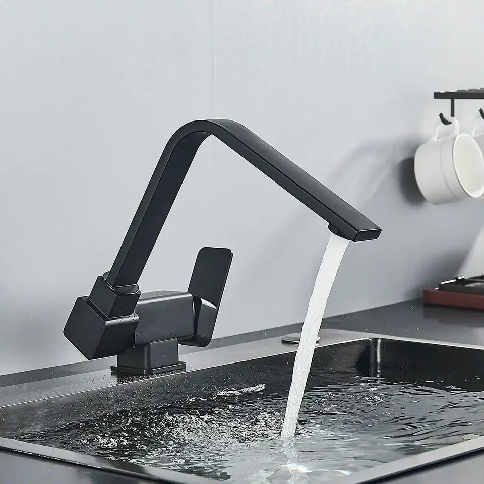 Decorbites black kitchen rotating faucet with black matte finish, angular design, and sleek curved spout for modern kitchens