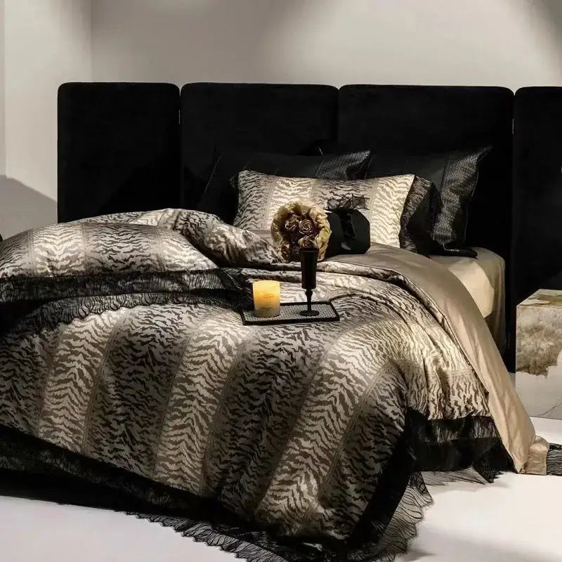 Decorbites black lace leopard print satin bedding set with black and gold zebra print and lace trim in 1000TC cotton