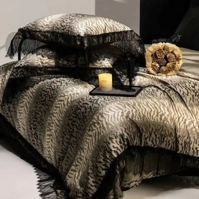 Elegant decorbites black lace bedding set in black and beige leopard print with delicate lace trim made from 1000TC cotton