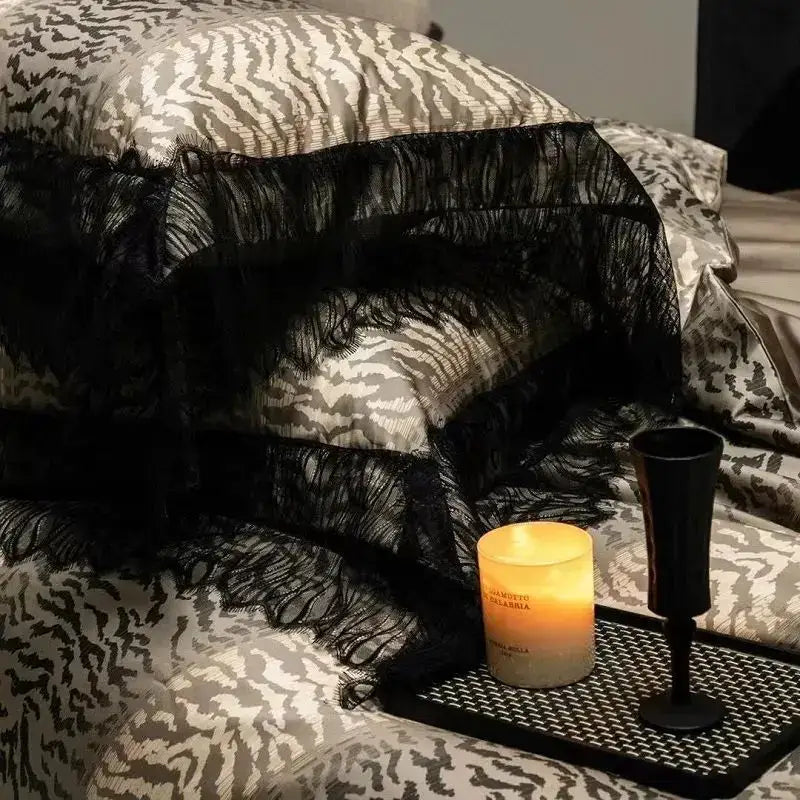 Decorbites black lace leopard print bedding set in black lace fabric with fringed edge on patterned 1000TC cotton sheets