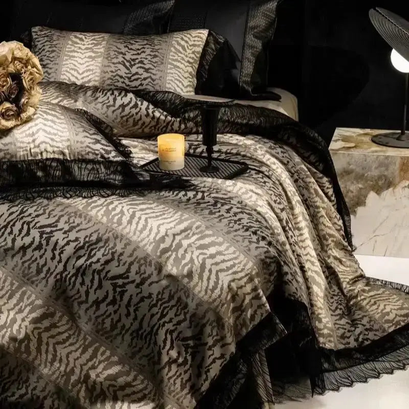 Decorbites black lace leopard print bedding set in black and beige zebra print with lace trim made of 1000tc egyptian cotton