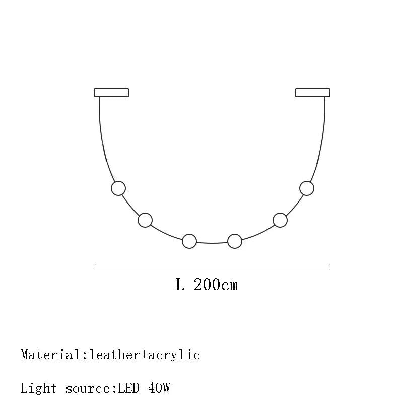 A 200cm curved decorbites black leather pendant light with acrylic frame and circular fixtures for dining room decor