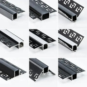 Decorbites black led aluminum profile featuring black and silver decorative geometric cut-out aluminum threshold strips