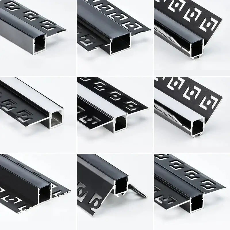 Decorbites black led aluminum profile featuring black and silver decorative geometric cut-out aluminum threshold strips