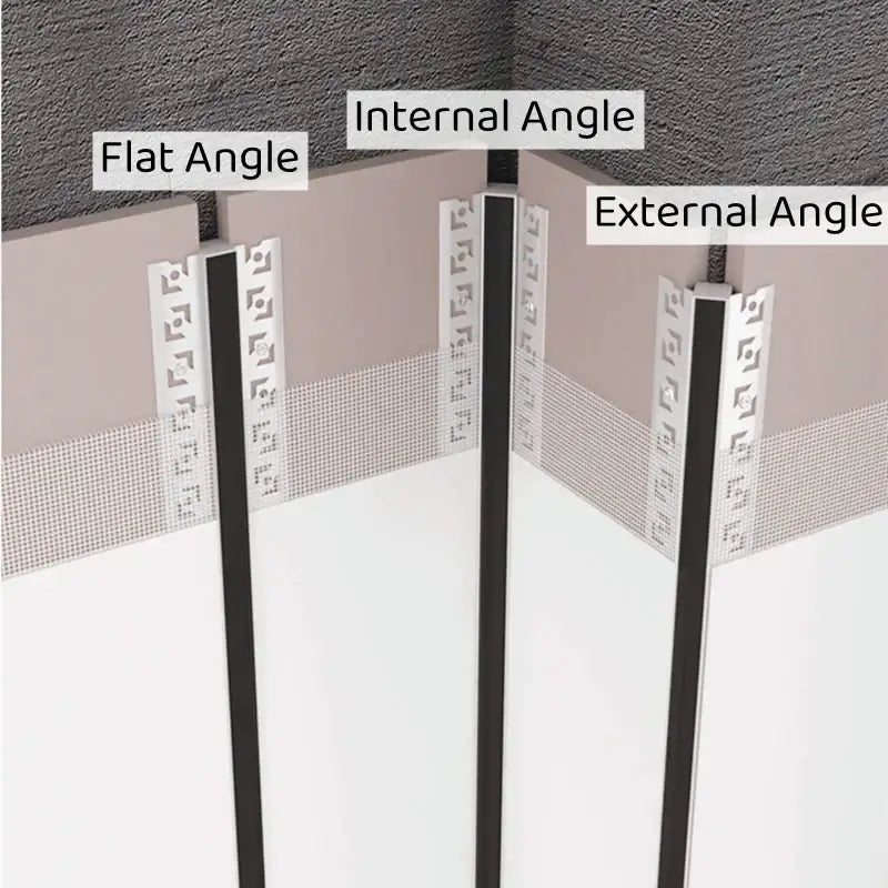 DecorBites black led aluminum profile with black corner bead and white patterned tape for invisible ceiling light strip installation
