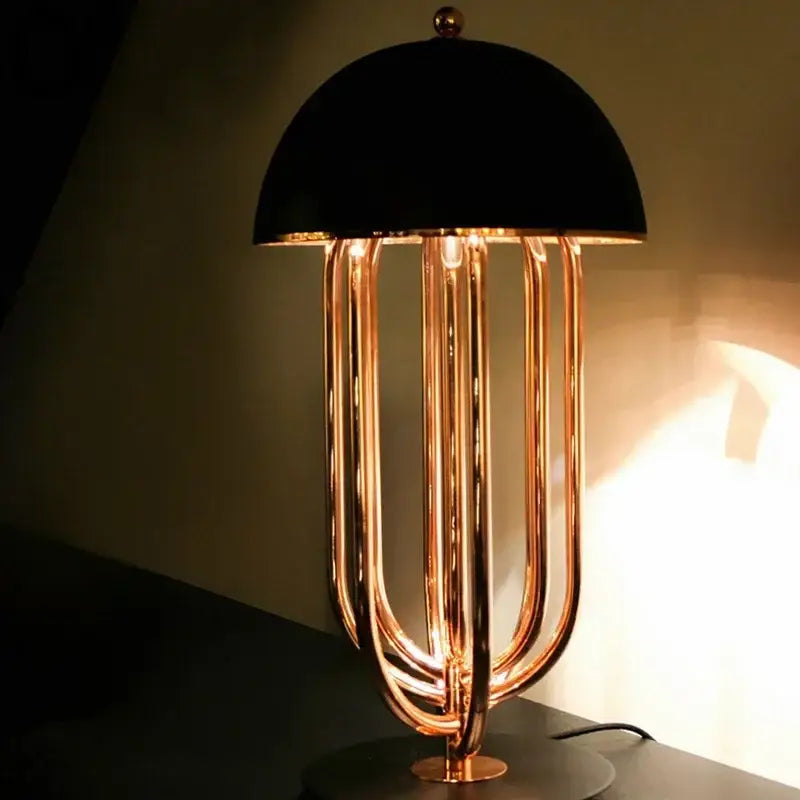 DecorBites™ black led bedside table lamp with a copper base and dome shade ideal for bedroom study and cafe use