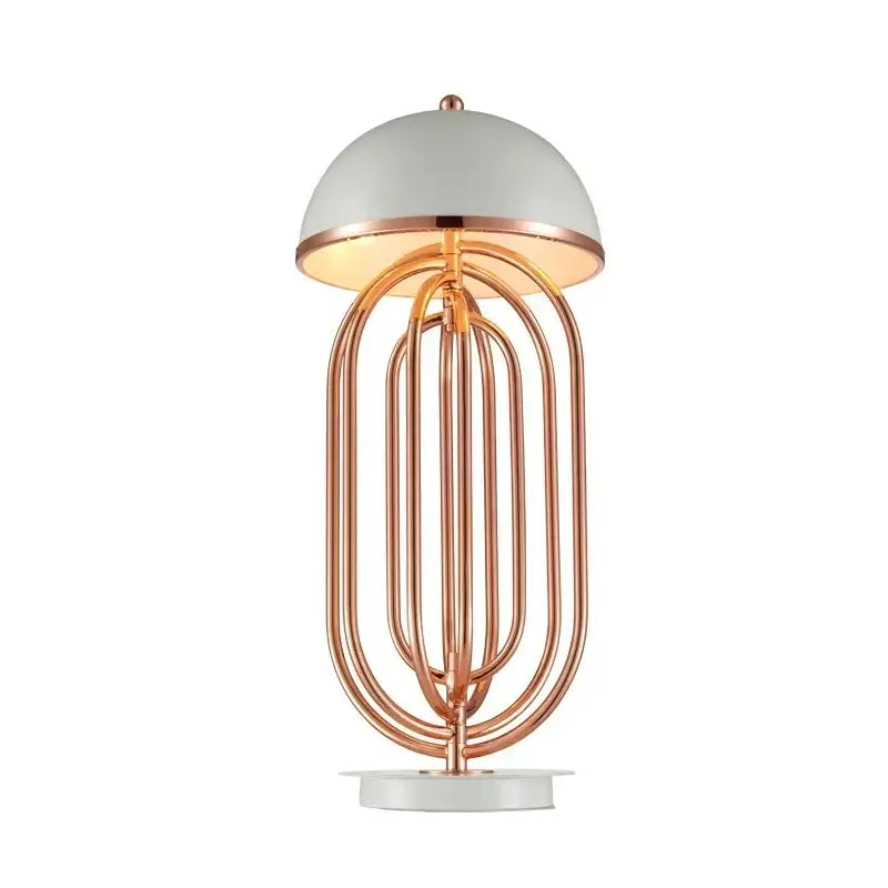 DecorBites™ black LED bedside table lamp with a sleek white dome shade and copper frame for bedroom and study use
