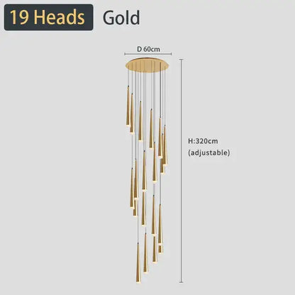Gold-toned decorbites black led ceiling chandelier with 19 adjustable pendant lights for staircase and living room lighting