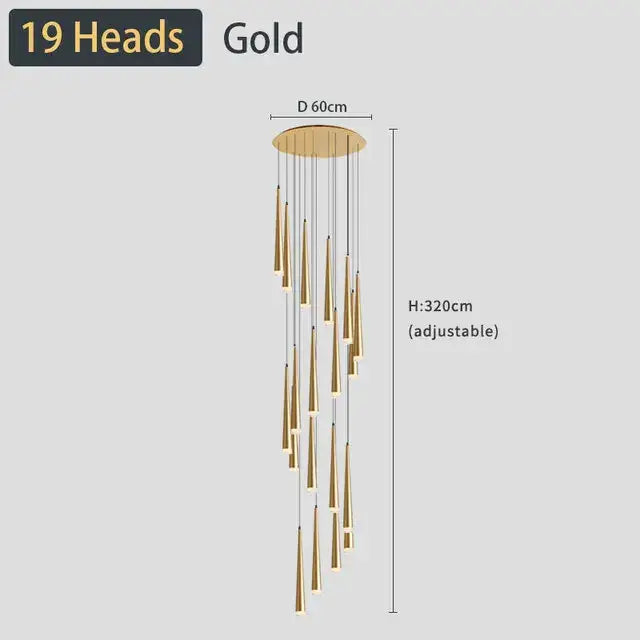 Gold-toned decorbites black led ceiling chandelier with 19 adjustable pendant lights for staircase and living room lighting