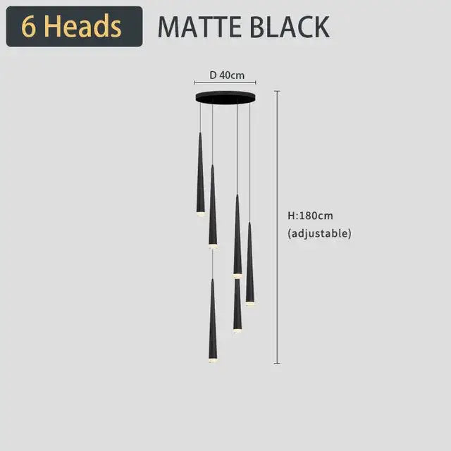 Matte black DecorBites black led ceiling chandelier with six cone-shaped lamp heads for stylish home lighting