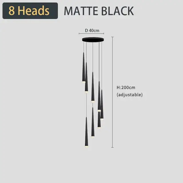 Matte black decorbites black led ceiling chandelier with eight cone-shaped lights for stylish home and living room decor