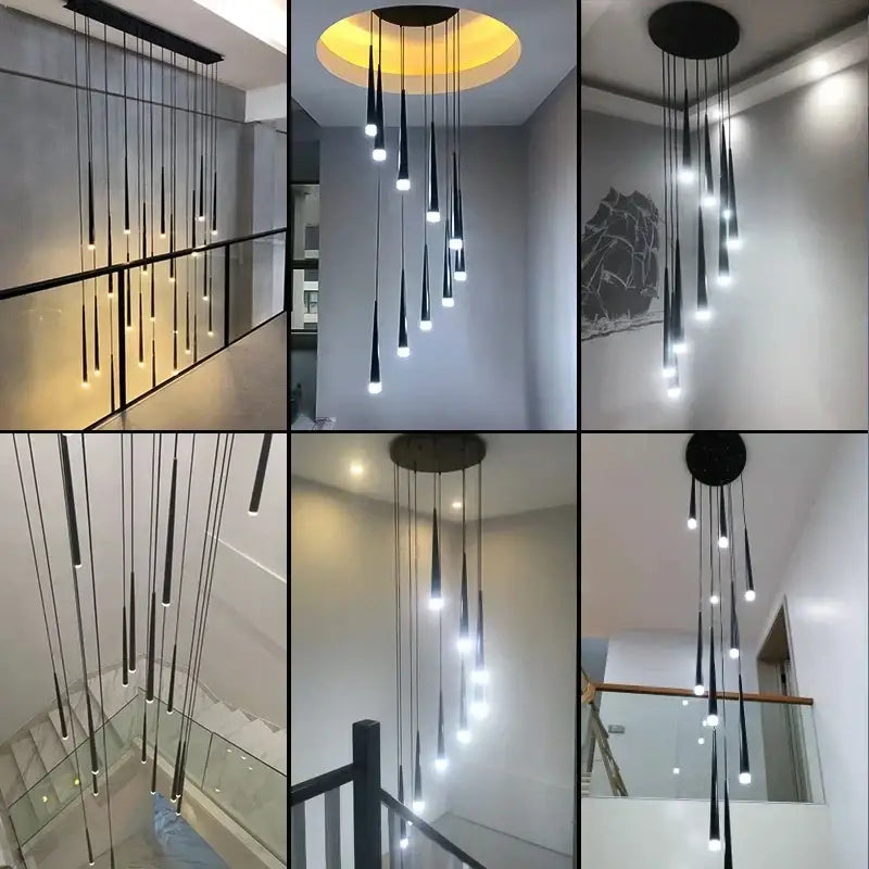 Modern decorbites black led ceiling chandelier with tapered glass shades and metal fixtures for stylish staircase lighting